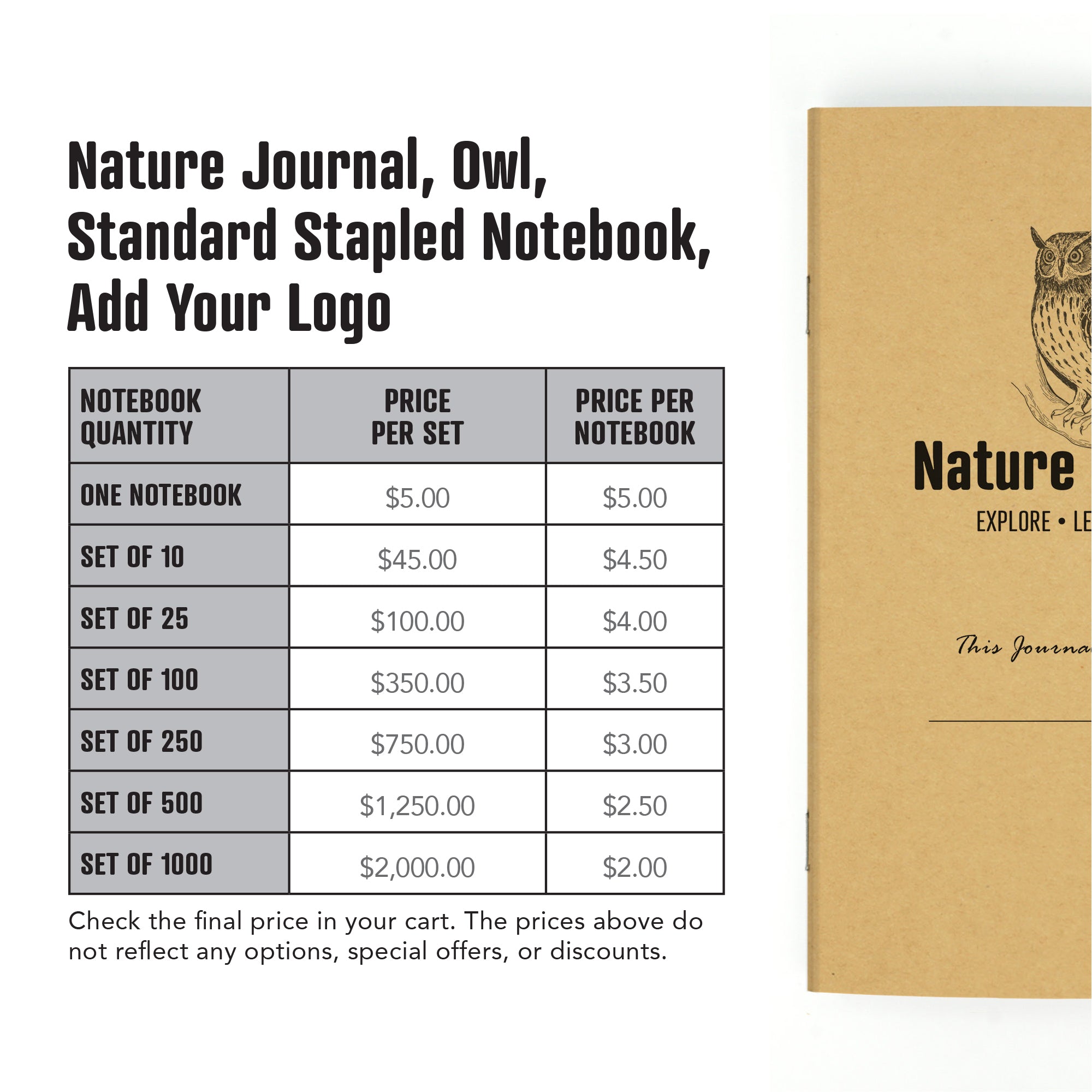 Nature Journal, Owl, Standard Stapled Notebook, Add Your Logo - Image 5